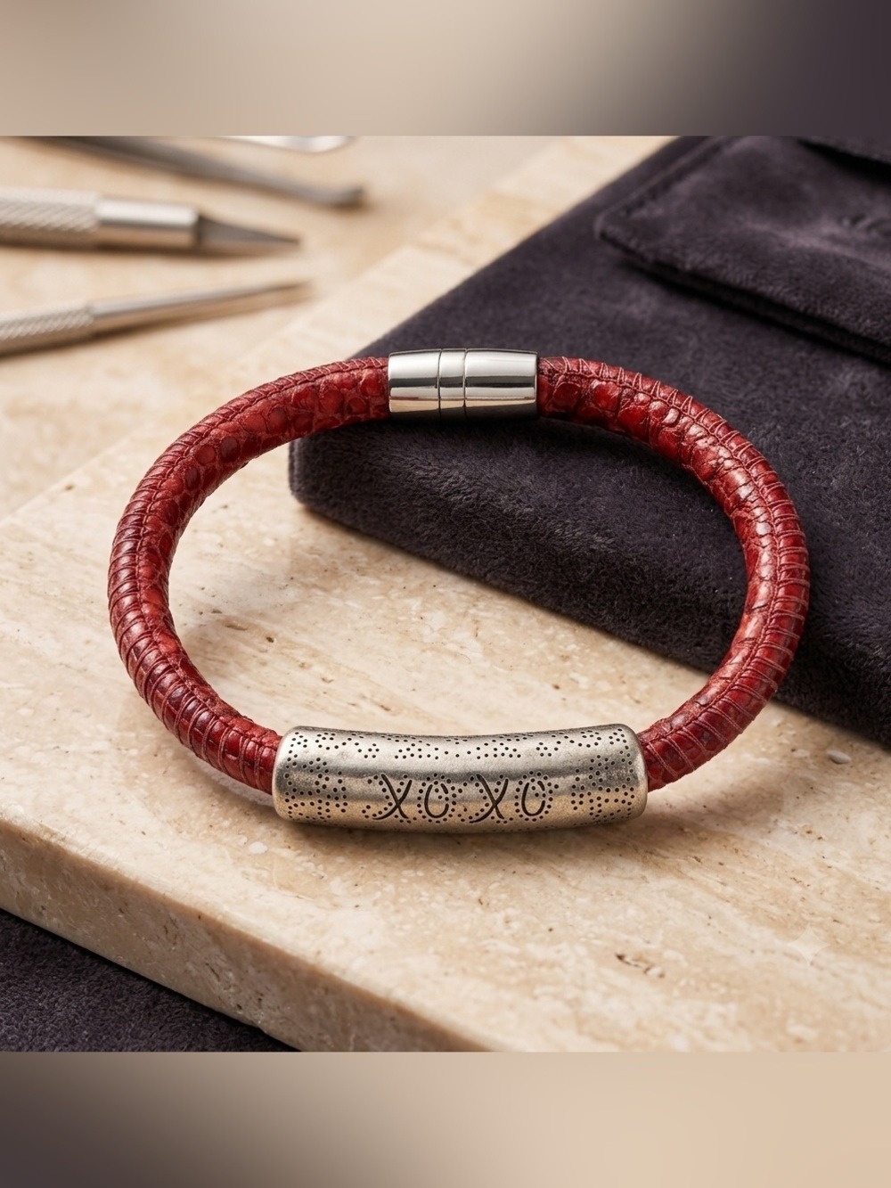 Brighton Red Snake Embossed Leather XOXO Tube Charm Bracelet Magnetic Clasp 2628 - Picture 2 of 4